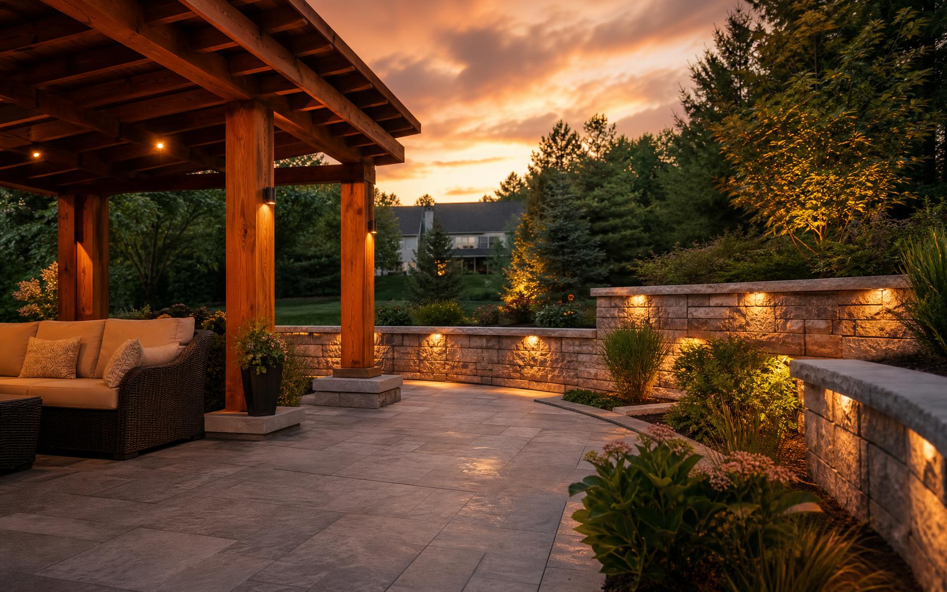 Large-format stone paver patio with cedar pergola posts and seat wall in Akron, Ohio