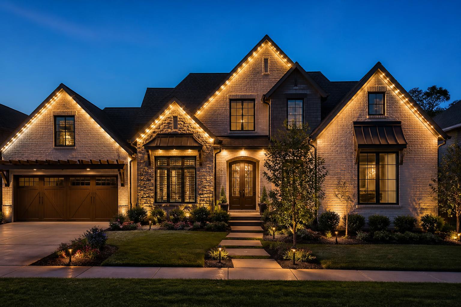 Home with permanently installed architectural roofline lighting at dusk